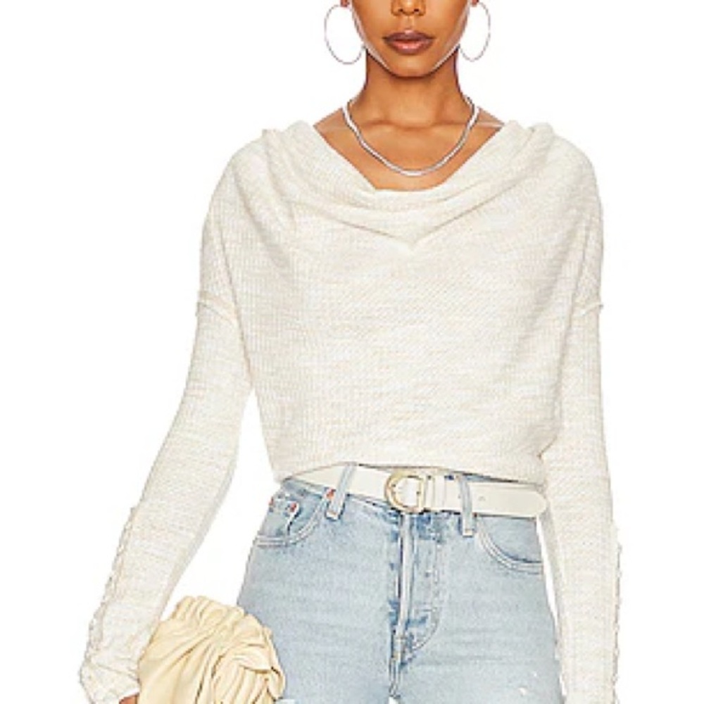 Free People cream tan cowl neck oversized waffle knit sweater size S